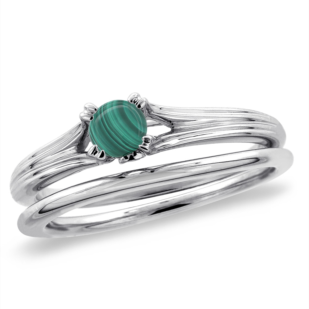 14K White Gold Diamond Natural Malachite 2pc Solitaire Engagement Ring Set Round 6 mm, sizes 5-10