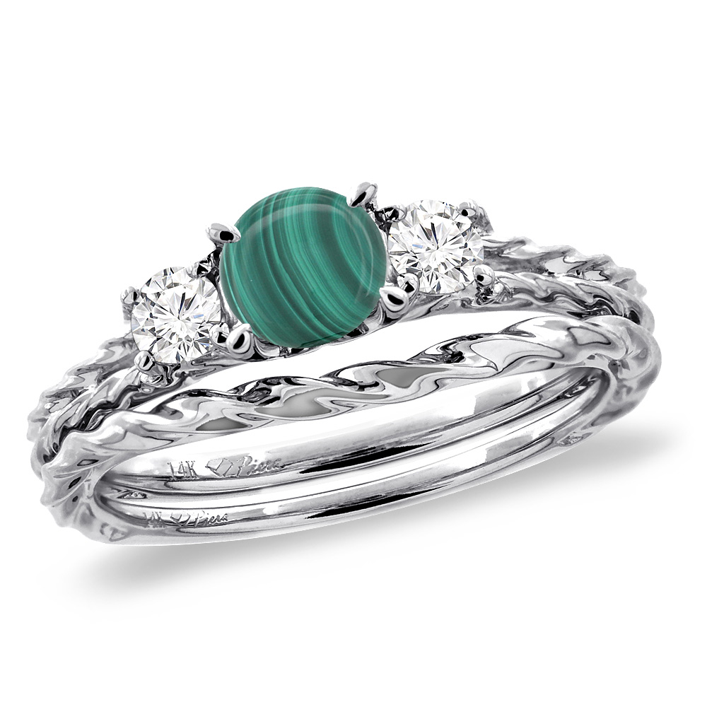 14K White Gold Diamond Natural Malachite 2pc Engagement Ring Set Round 6mm Twisted, sizes 5-10