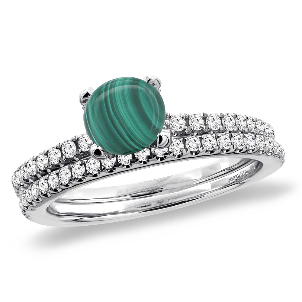 14K White Gold Diamond Natural Malachite 2pc Engagement Ring Set Round 5 mm, sizes 5-10