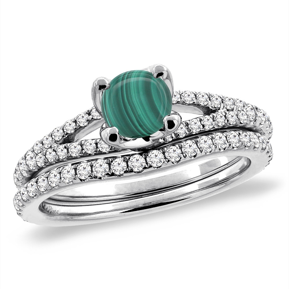 14K White Gold Diamond Natural Malachite 2pc Engagement Ring Set Round 5 mm, sizes 5-10