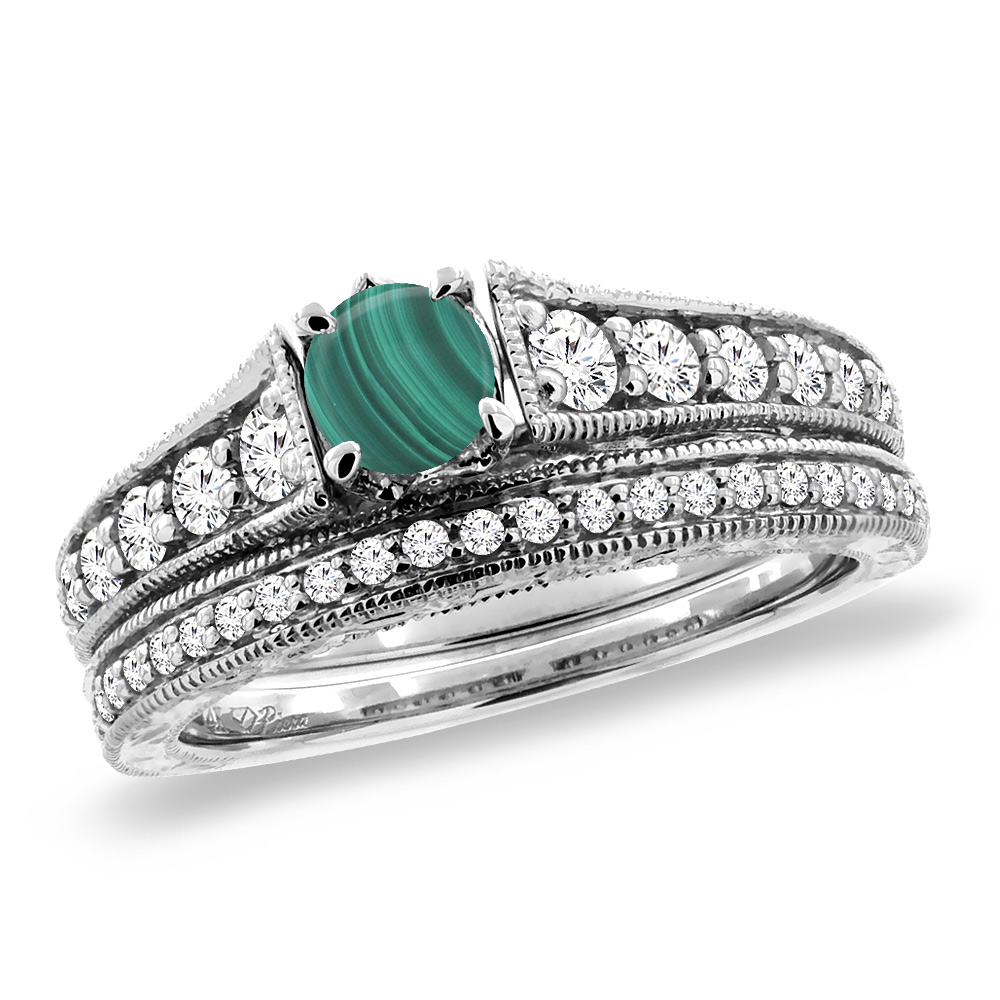 14K White Gold Diamond Natural Malachite 2pc Engagement Ring Set Round 5 mm, sizes 5-10