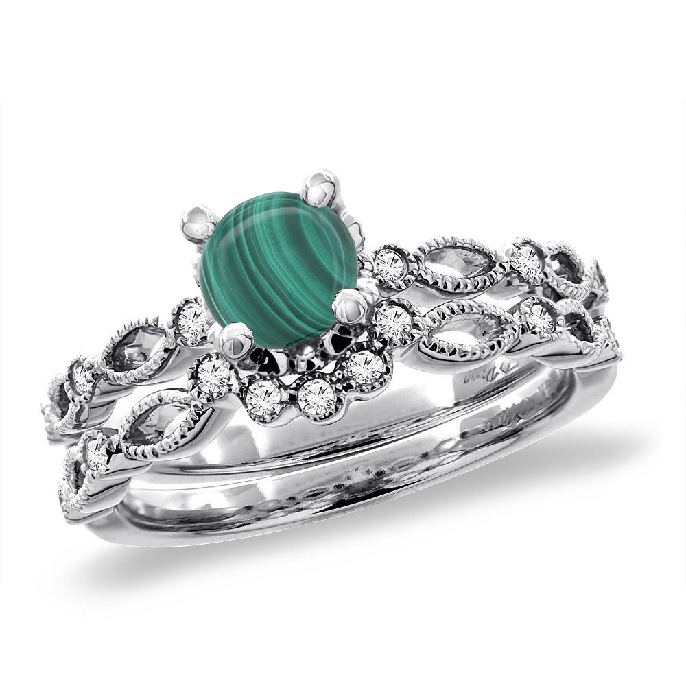 14K White Gold Diamond Natural Malachite 2pc Engagement Ring Set Round 5 mm, sizes 5 - 10