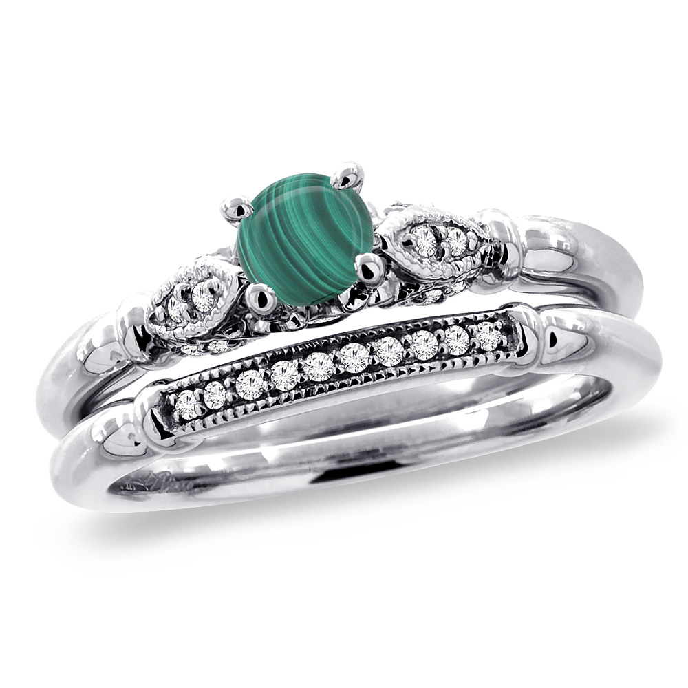 14K White Gold Diamond Natural Malachite 2pc Engagement Ring Set Round 4 mm, sizes 5 - 10