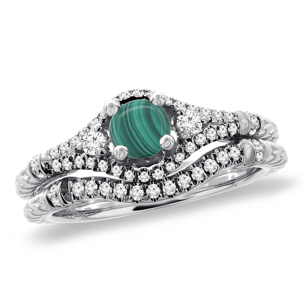 14K White Gold Diamond Natural Malachite 2pc Engagement Ring Set Round 4 mm, sizes 5 - 10