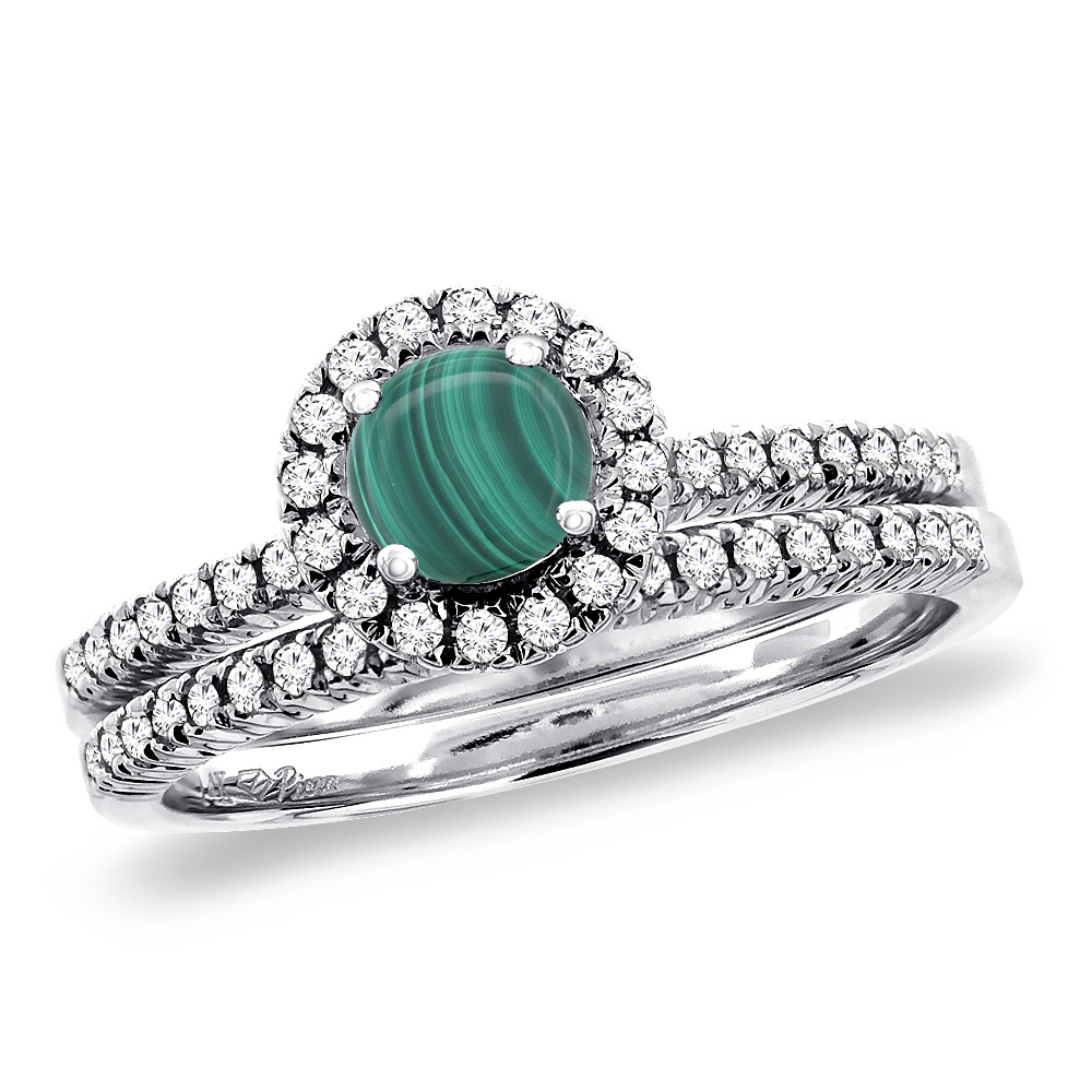 14K White Gold Diamond Natural Malachite 2pc Halo Engagement Ring Set Round 4 mm, size5-10