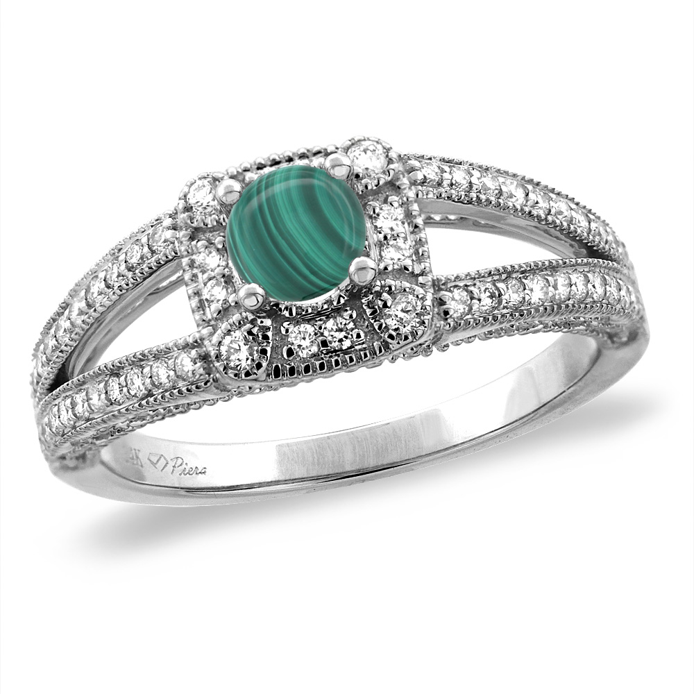 14K White/Yellow Gold Diamond Natural Malachite Halo Engagement Ring Split Shank Round 4 mm, sizes 5 -10