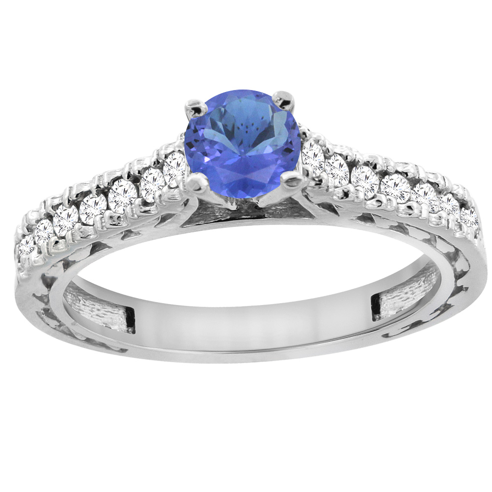 14K White Gold Natural Tanzanite Round 5mm Engraved Engagement Ring Diamond Accents, sizes 5 - 10