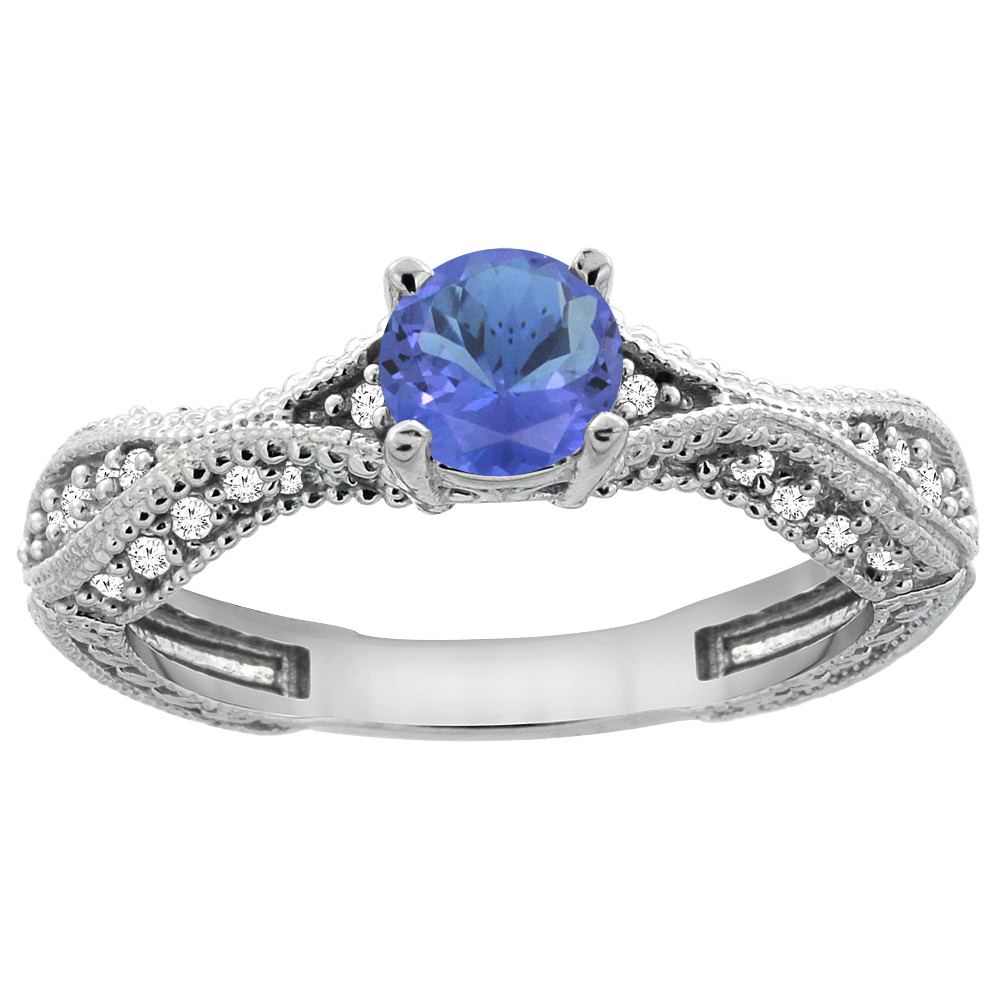 14K White Gold Natural Tanzanite Round 5mm Engraved Engagement Ring Diamond Accents, sizes 5 - 10