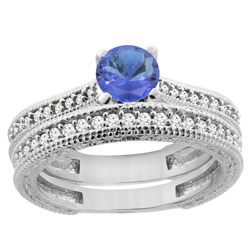 14K White Gold Natural Tanzanite Round 5mm Engraved Engagement Ring 2-piece Set Diamond Accents, sizes 5 - 10
