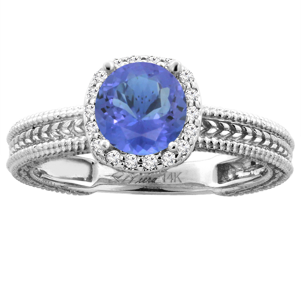 14K White Gold Diamond Natural Tanzanite Engagement Ring Cushion 7x7 mm, sizes 5-10