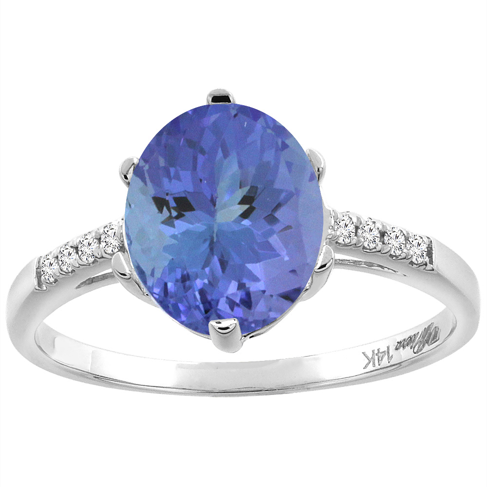 14K White Gold Natural Tanzanite & Diamond Ring Oval 10x8 mm, sizes 5-10