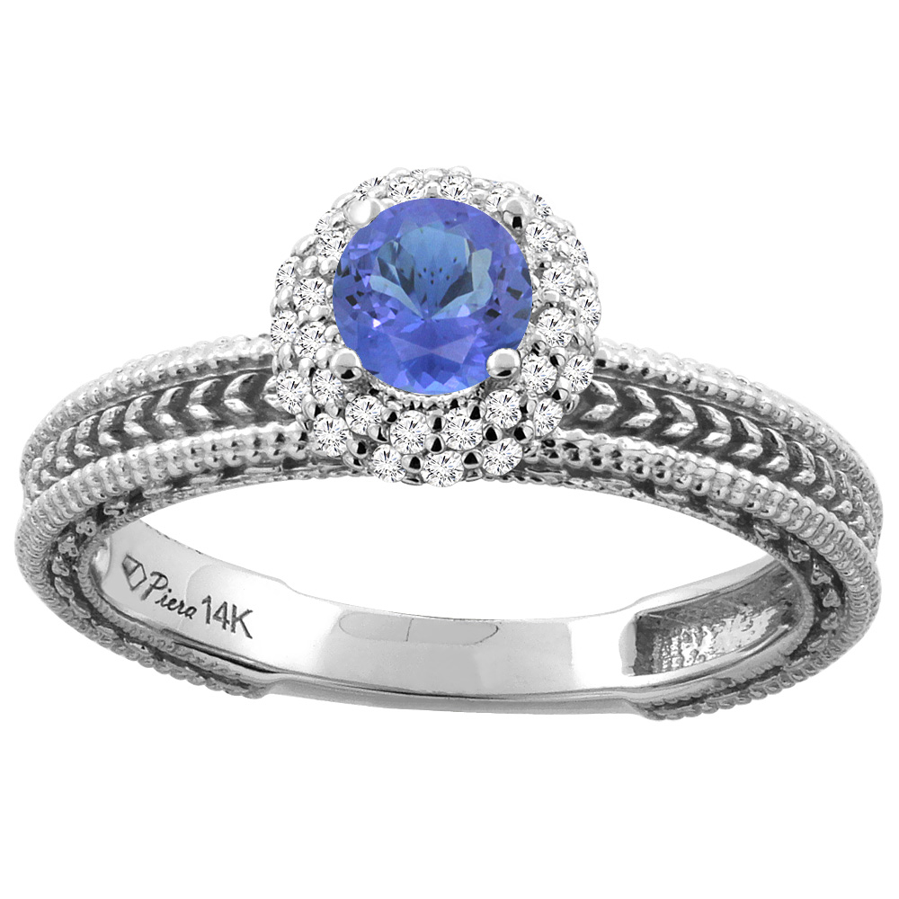 14K White Gold Natural Tanzanite & Diamond Engagement Ring Round 5 mm, sizes 5-10