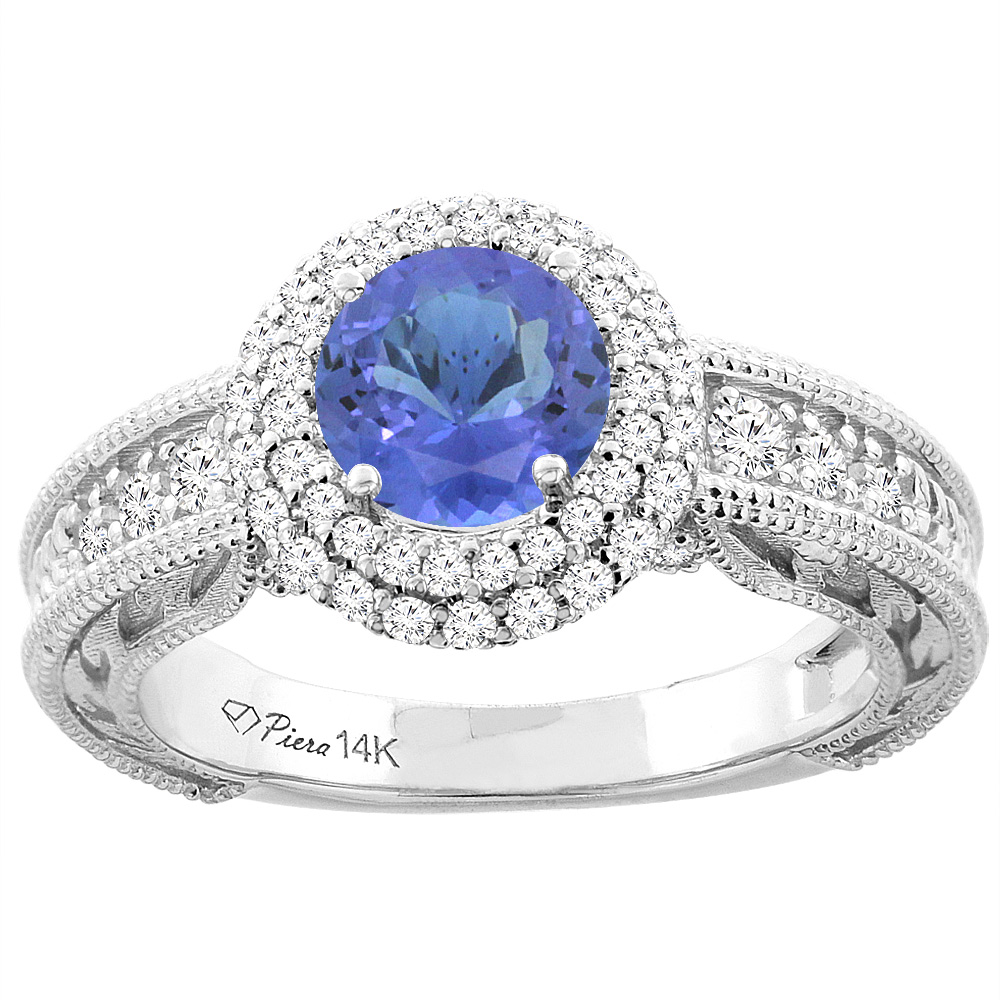 14K White Gold Natural Tanzanite & Diamond Halo Ring Round 6 mm, sizes 5-10