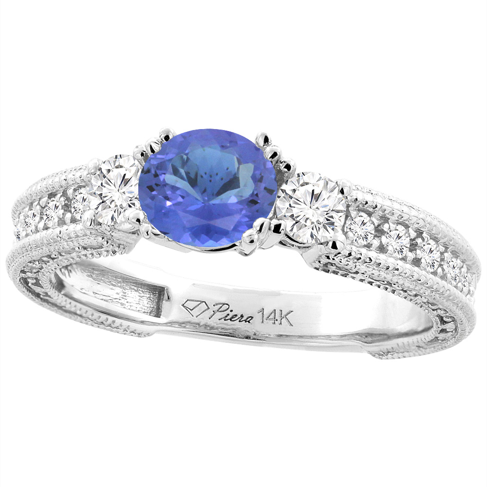 14K White Gold Natural Tanzanite &amp; Diamond Ring Round 6 mm, sizes 5-10