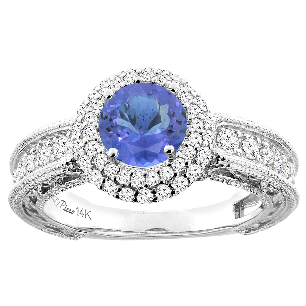 14K Yellow Gold Natural Tanzanite & Diamond Halo Ring Round 6 mm, sizes 5-10