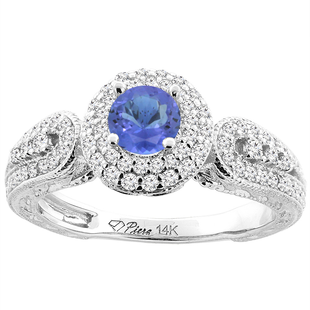 14K White Gold Natural Tanzanite & Diamond Halo Ring Round 5 mm, sizes 5-10