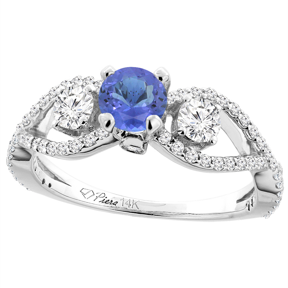 14K White Gold Natural Tanzanite & Diamond Ring Round 6 mm, sizes 5-10