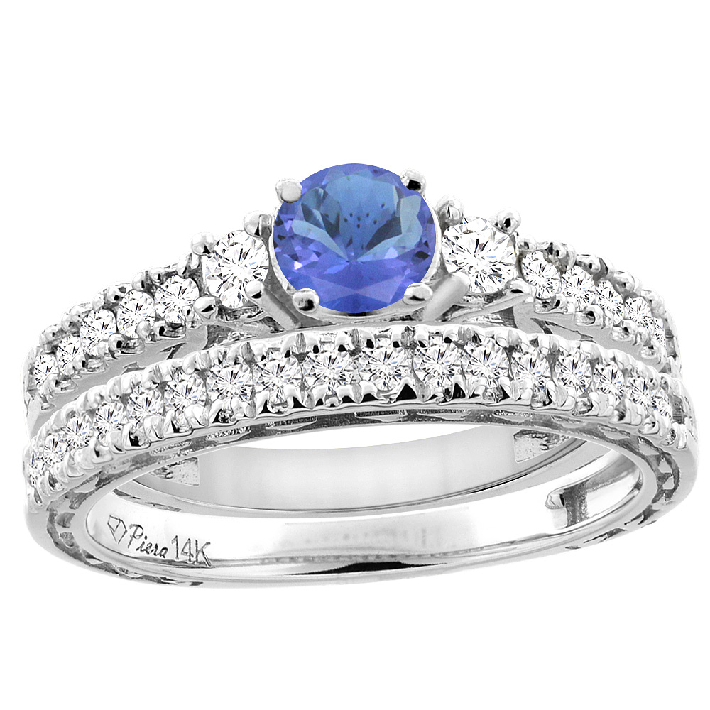 14K White Gold Diamond Natural Tanzanite Engagement 2-pc Ring Set Engraved Round 6 mm, sizes 5 - 10