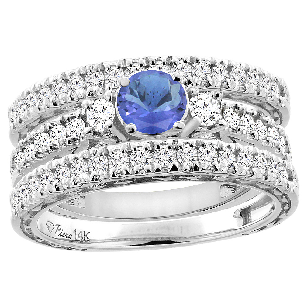 14K White Gold Diamond Natural Tanzanite Engagement 3-pc Ring Set Engraved Round 6 mm, sizes 5 - 10