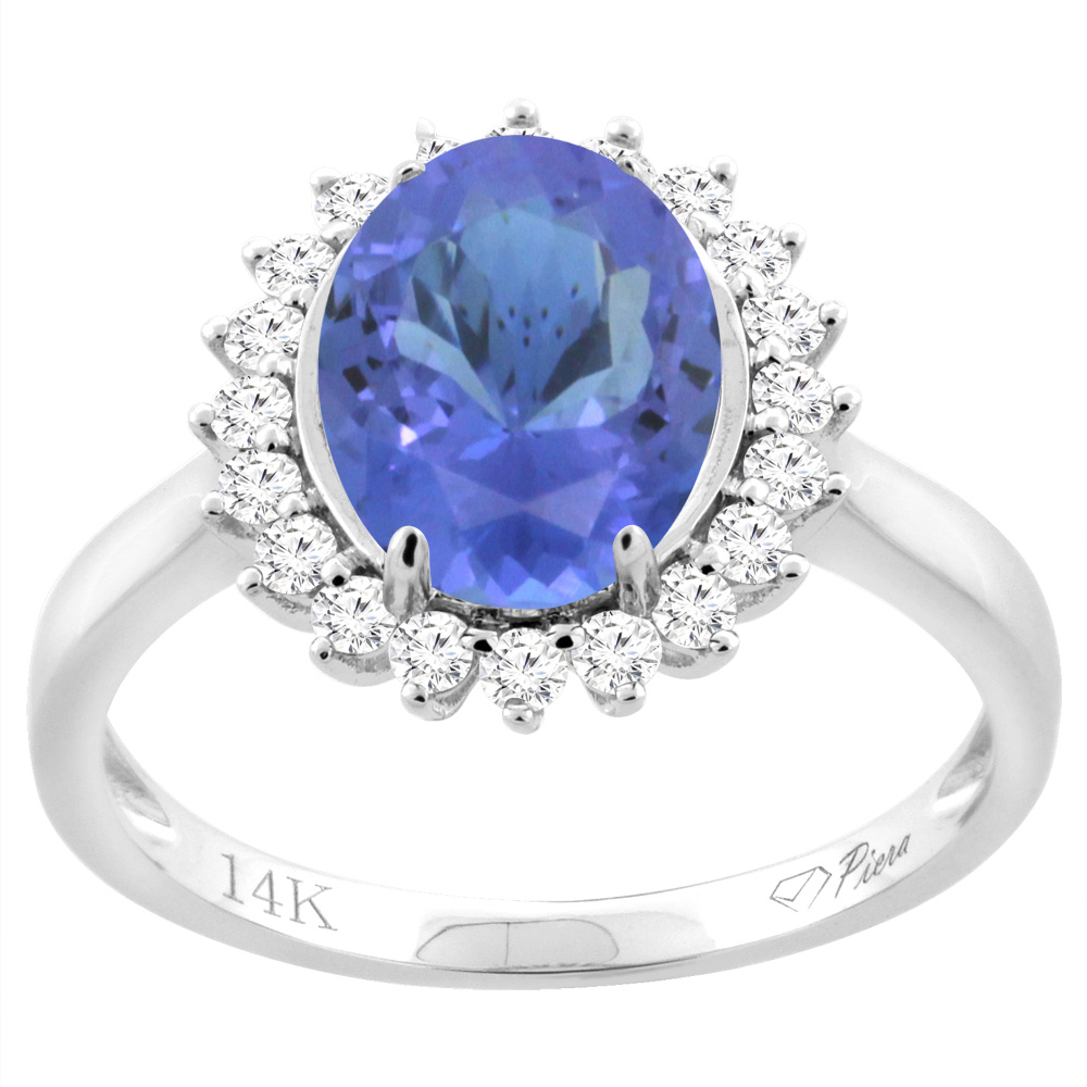 14K White Gold Diamond Natural Tanzanite Engagement Ring Oval 10x8mm, sizes 5-10