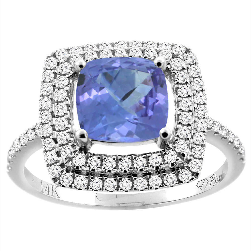 14K Gold Natural Tanzanite Ring Cushion Cut 7x7 mm Double Halo Diamond Accents, sizes 5 - 10