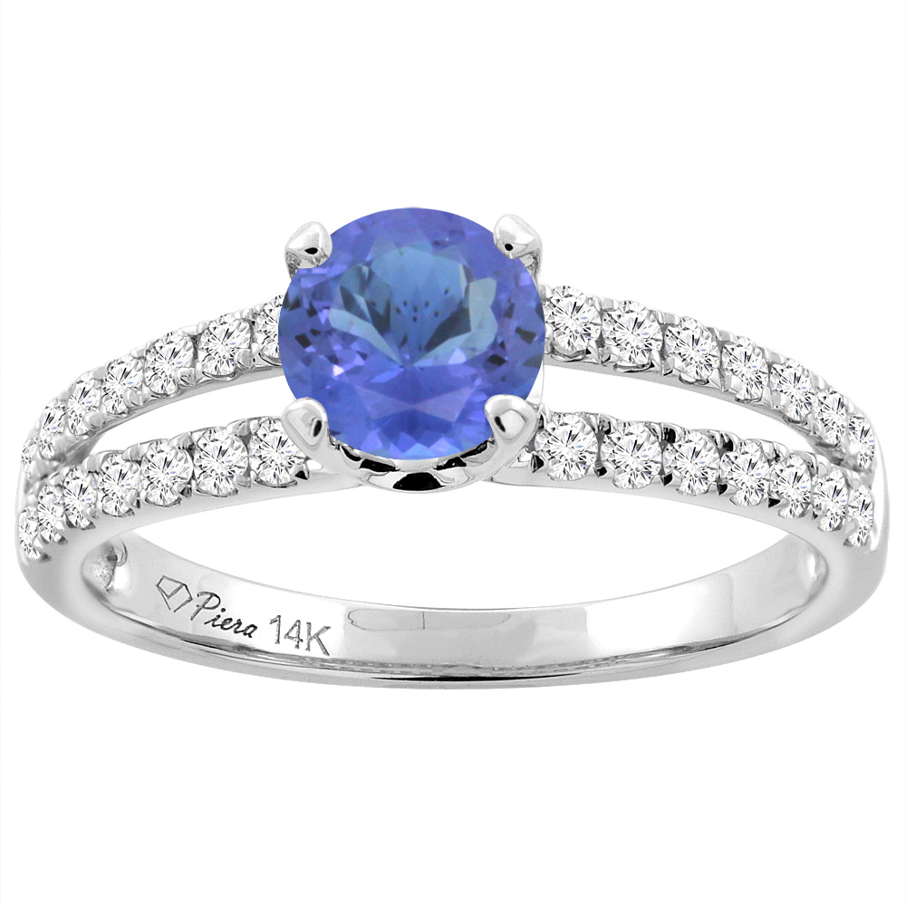 14K White Gold Natural Tanzanite Engagement Ring Round 6 mm Split Shank Diamond Accents, sizes 5 - 10