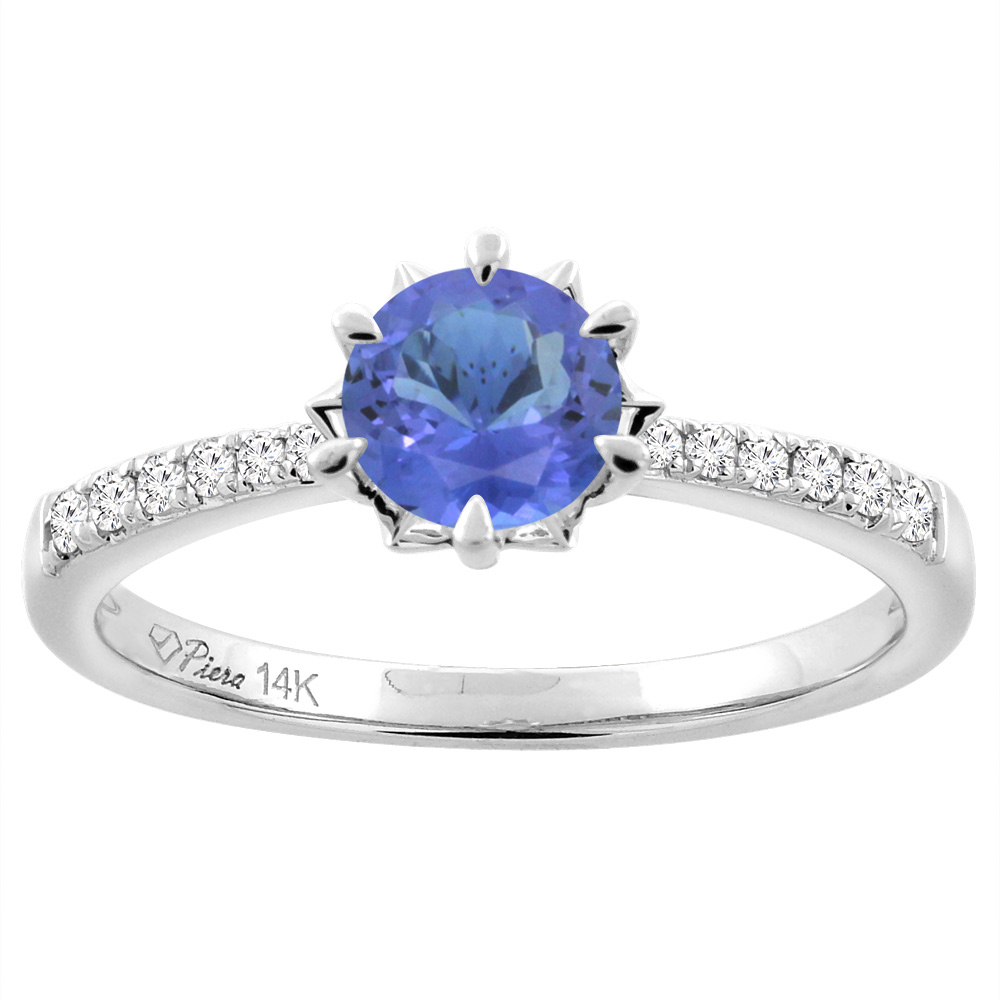 14K White Gold Natural Tanzanite Engagement Ring Round 6 mm & Diamond Accents, sizes 5 - 10