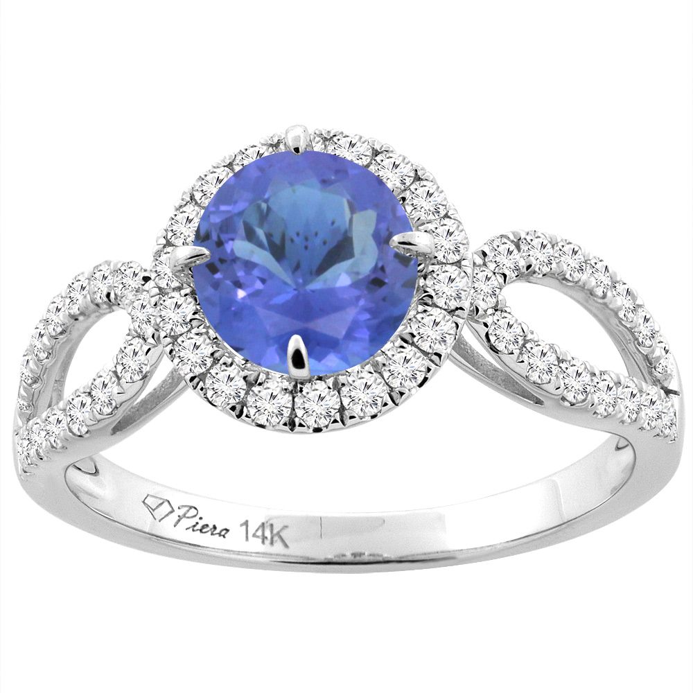 14K White Gold Natural Tanzanite Engagement Halo Ring Round 6 mm & Diamond Accents, sizes 5 - 10