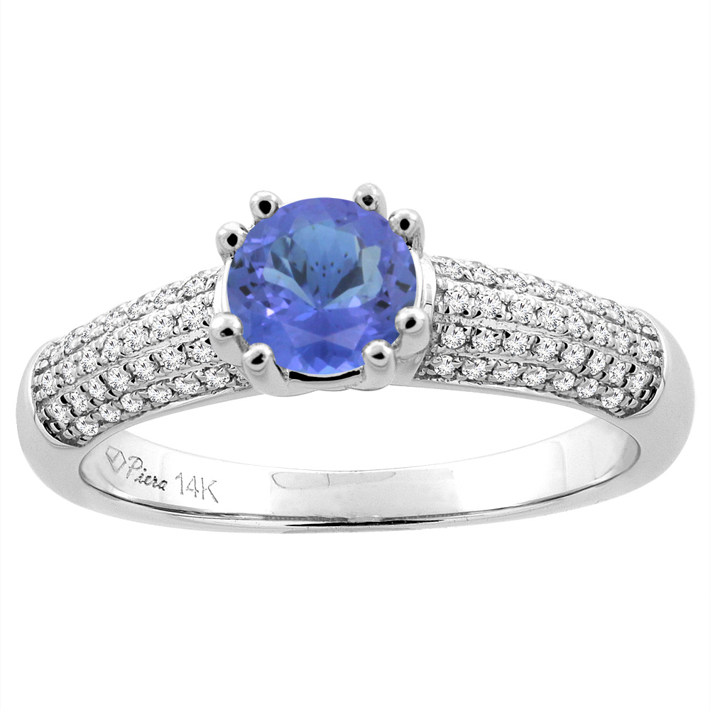 14K White Gold Natural Tanzanite Engagement Ring Round 6 mm & Diamond Accents, sizes 5 - 10