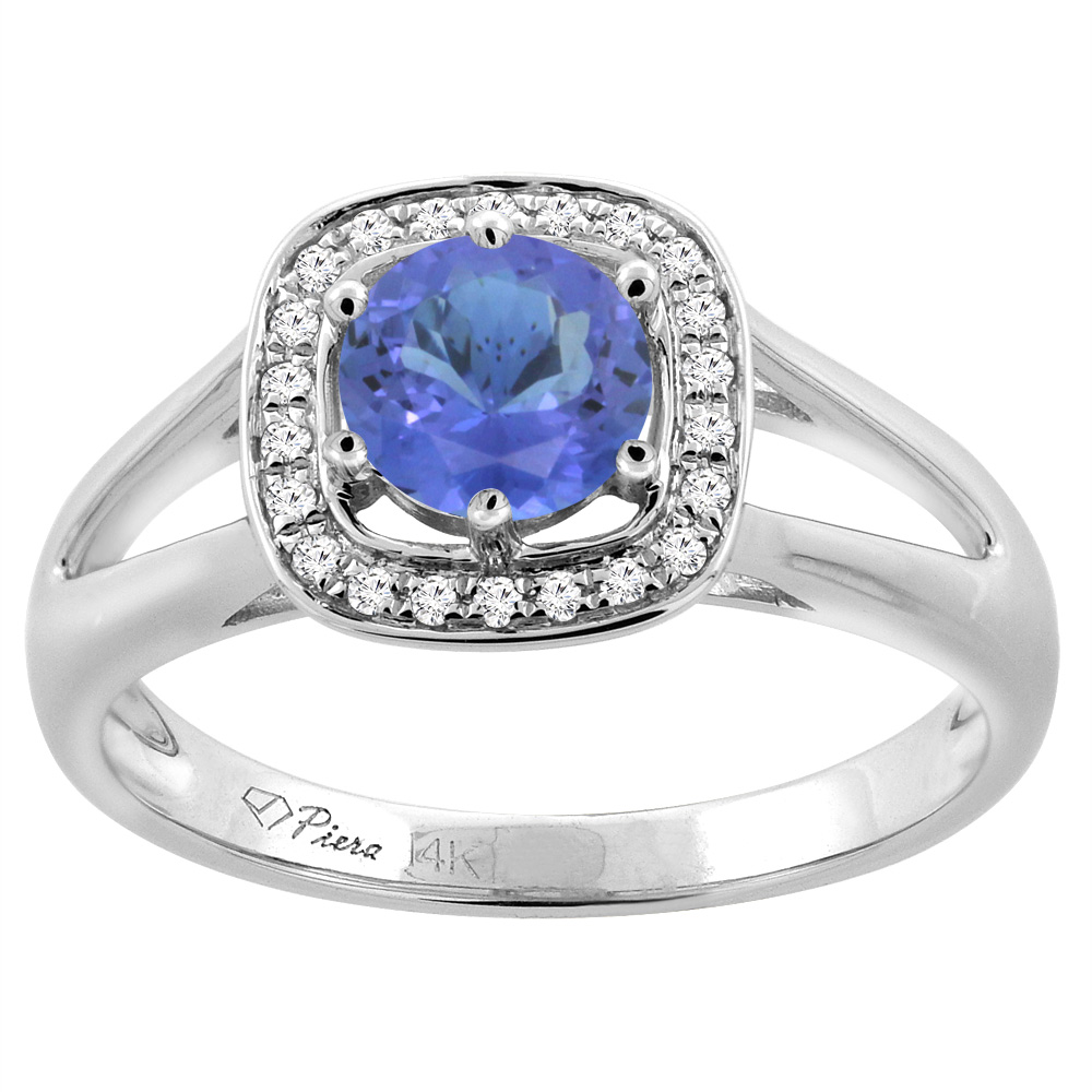 14K White Gold Natural Tanzanite Engagement Halo Ring Round 6 mm &amp; Diamond Accents, sizes 5 - 10