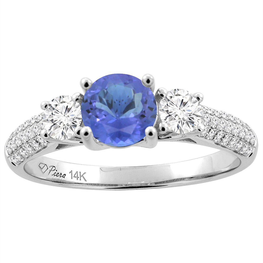 14K White Gold Natural Tanzanite Engagement Ring Round 6 mm & Diamond Accents, sizes 5 - 10