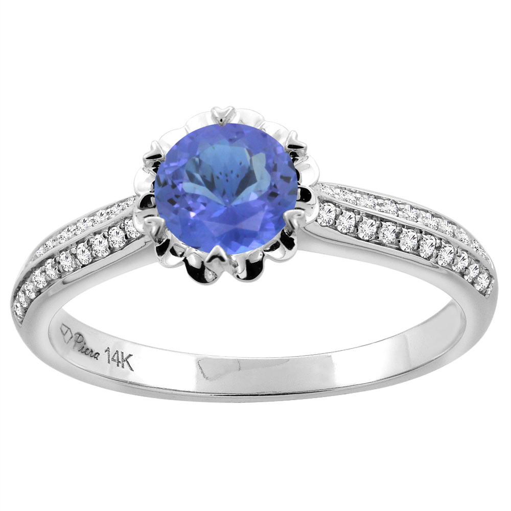 14K White Gold Natural Tanzanite Engagement Ring Round 6 mm &amp; Diamond Accents, sizes 5 - 10