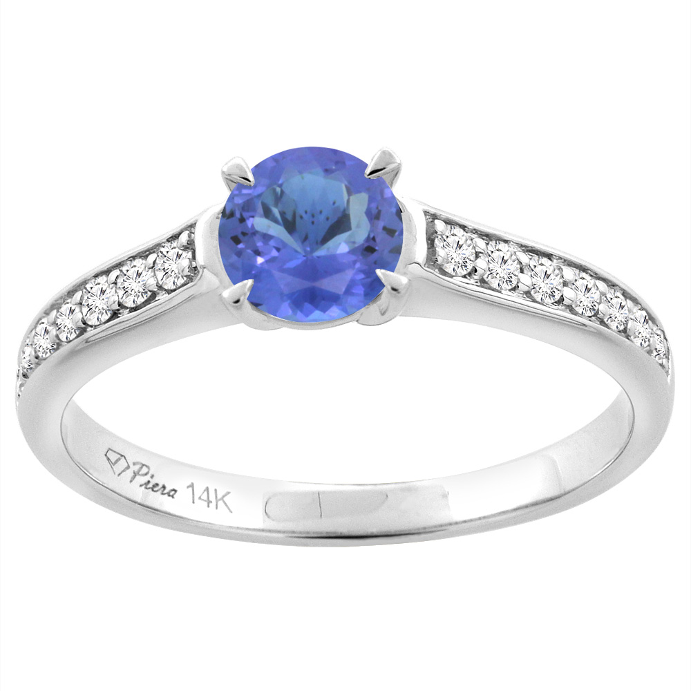 14K White Gold Natural Tanzanite Engagement Ring Round 6 mm & Diamond Accents, sizes 5 - 10