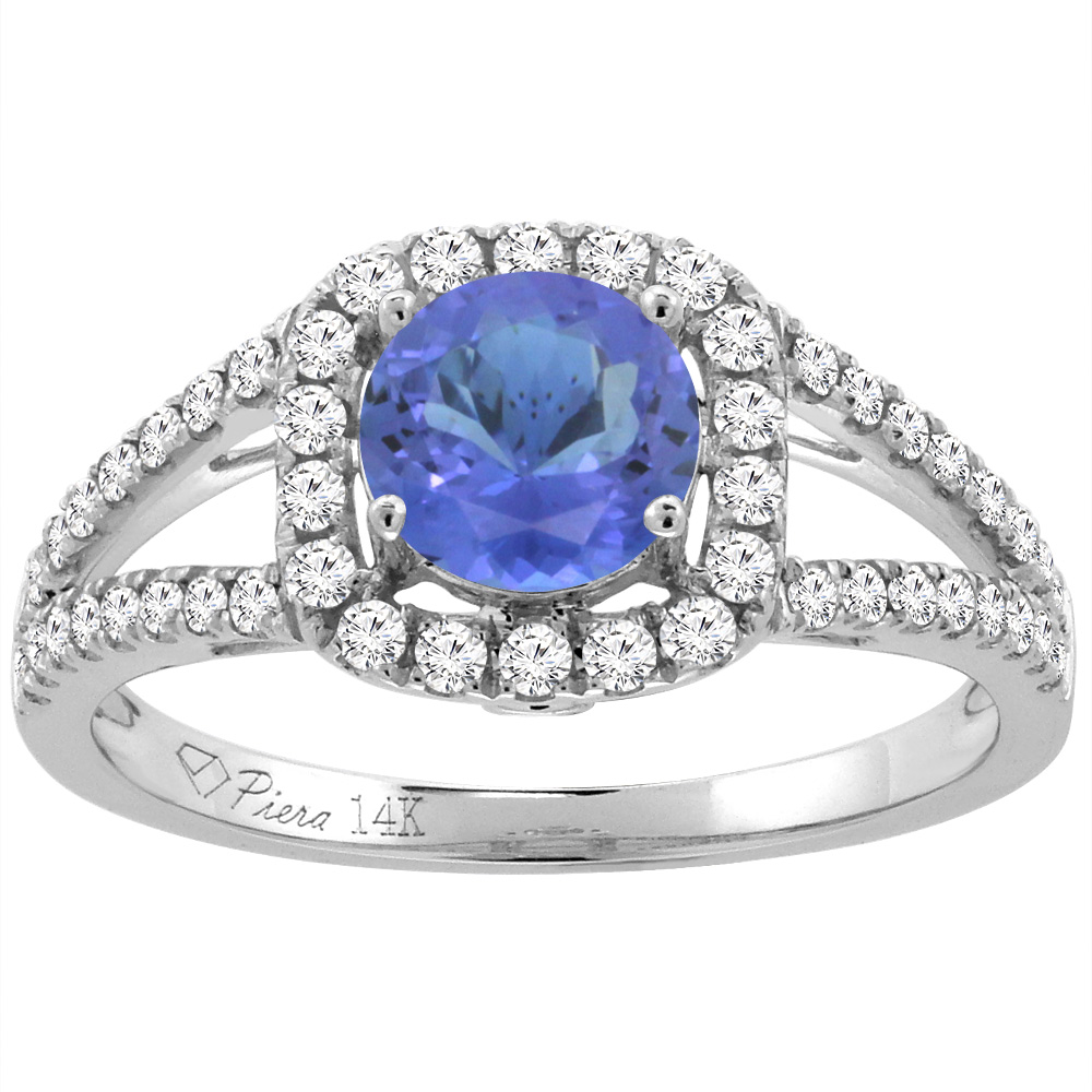 14K White Gold Diamond Natural Tanzanite Engagement Halo Ring Round 7 mm, sizes 5-10