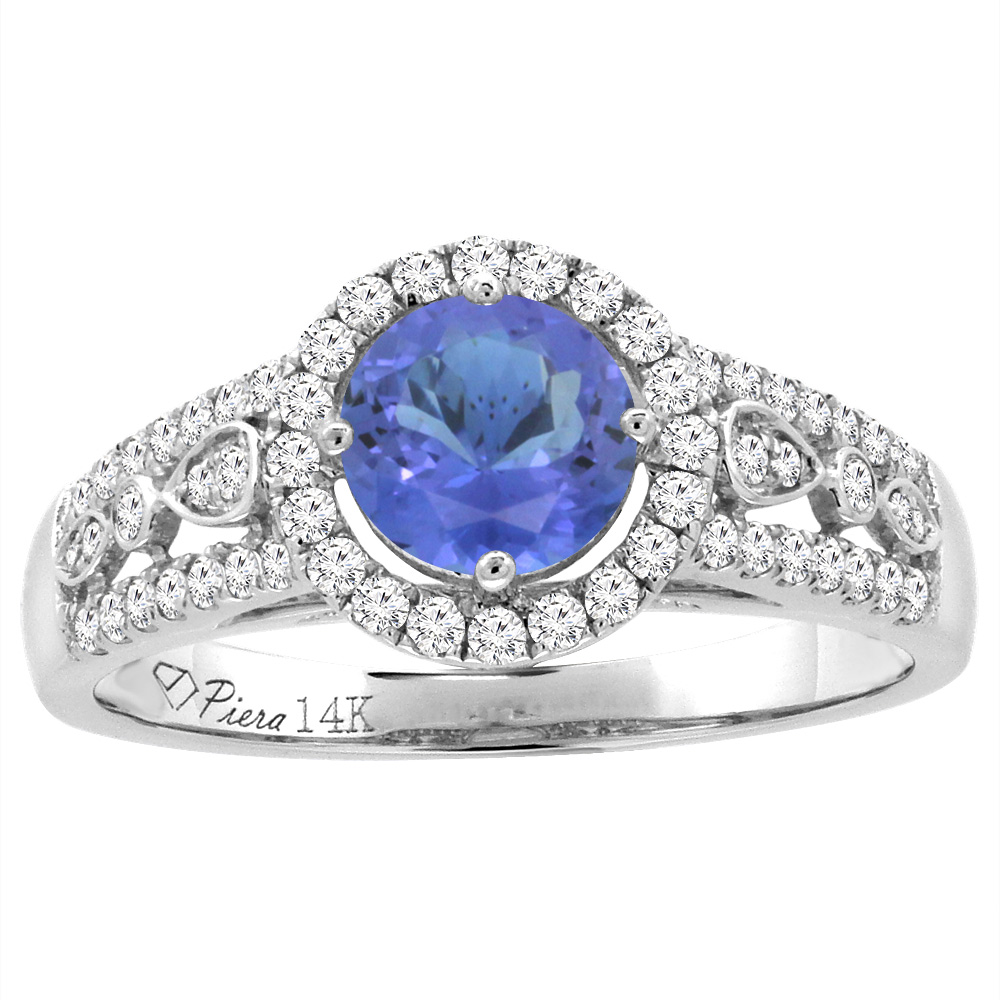 14K White Gold Diamond Natural Tanzanite Engagement Halo Ring Round 7 mm, sizes 5-10