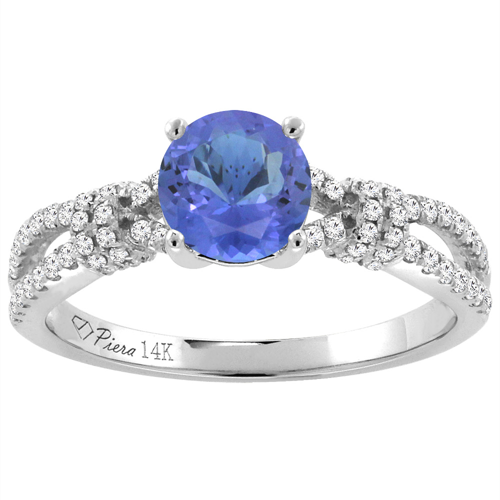 14K White Gold Diamond Natural Tanzanite Engagement Ring Round 7 mm, sizes 5-10