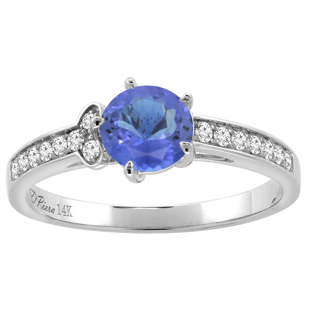 14K White Gold Diamond Natural Tanzanite Engagement Ring Round 7 mm, sizes 5-10