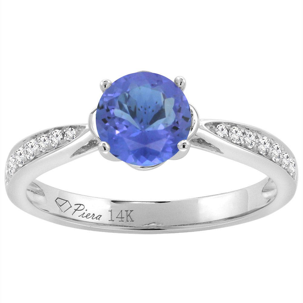 14K White Gold Diamond Natural Tanzanite Engagement Ring Round 7 mm, sizes 5-10