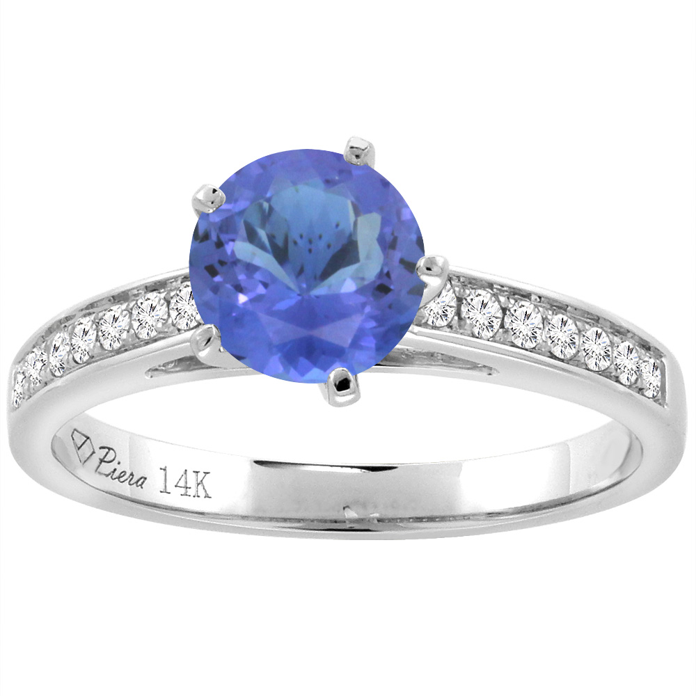 14K White Gold Diamond Natural Tanzanite Engagement Ring Round 7 mm, sizes 5-10