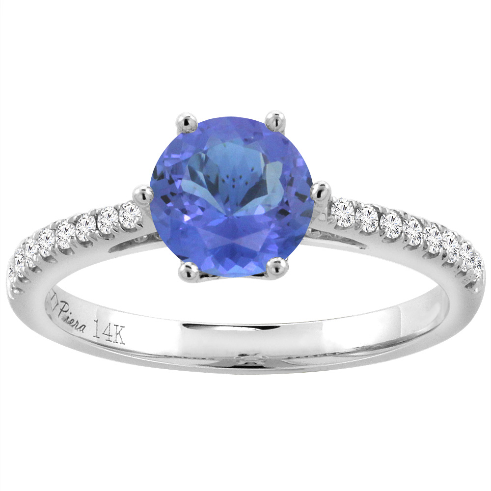 14K White Gold Diamond Natural Tanzanite Engagement Ring Round 7 mm, sizes 5-10