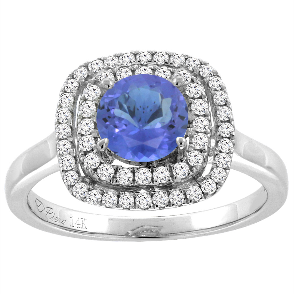 14K White Gold Natural Tanzanite Double Halo Diamond Engagement Ring Round 7 mm, sizes 5-10