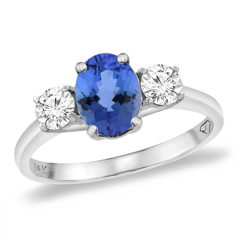 14K White Gold Natural Tanzanite & 2pc. Diamond Engagement Ring Oval 8x6 mm, sizes 5 -10