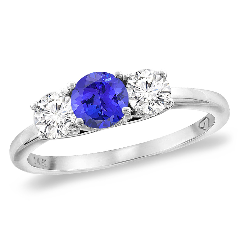 14K White Gold Diamond Natural Tanzanite Engagement Ring 5mm Round, sizes 5 -10