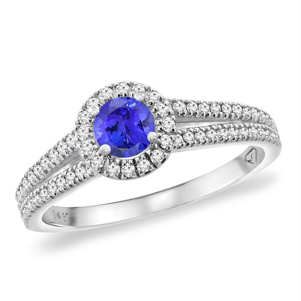 14K White Gold Natural Tanzanite Split Shank Diamond Halo Engagement Ring 4mm Round, sizes 5 -10