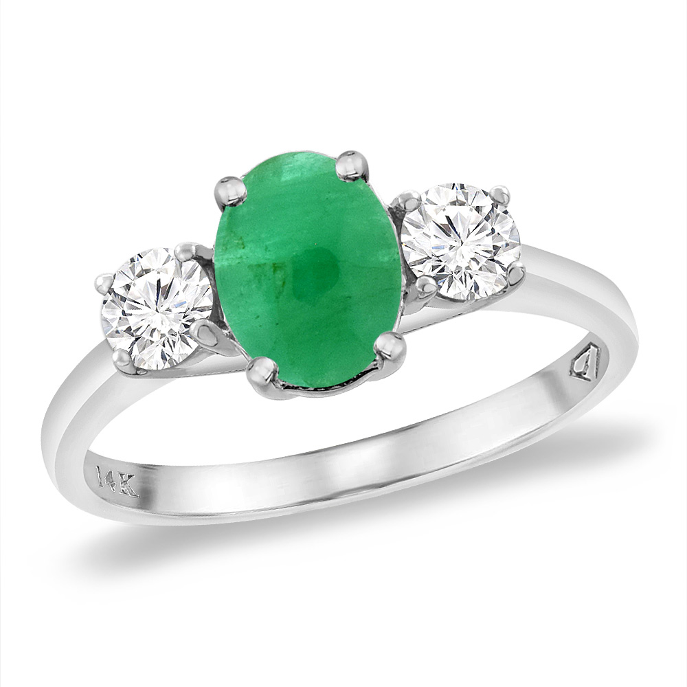 14K White Gold Natural Cabochon Emerald &amp; 2pc. Diamond Engagement Ring Oval 8x6 mm, sizes 5 -10