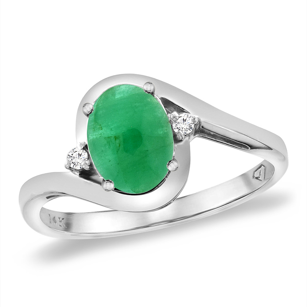 14K White Gold Diamond Natural Cabochon Emerald Bypass Engagement Ring Oval 8x6 mm, sizes 5 -10