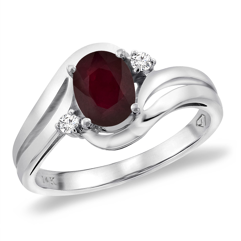 14K White Gold Diamond Natural Quality Ruby Bypass Engagement Ring Oval 8x6 mm, size 5 -10