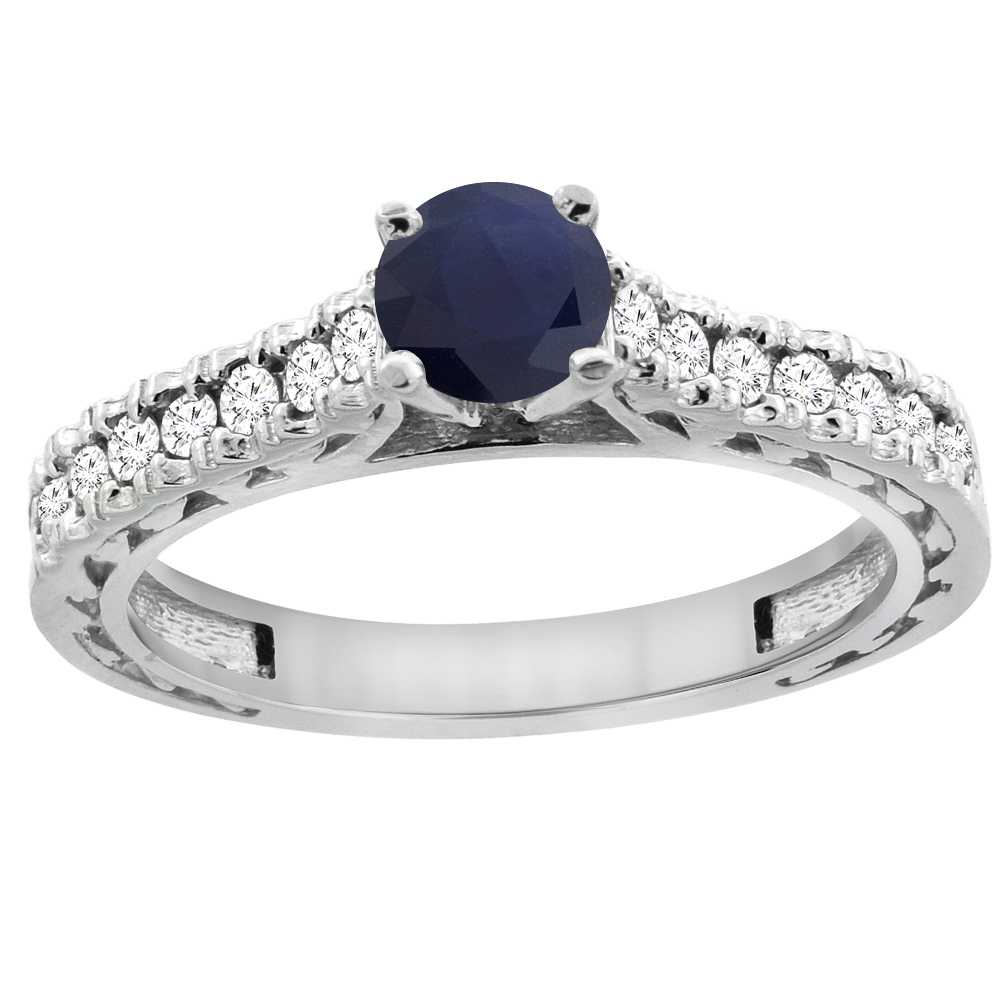 14K White Gold Natural Blue Sapphire Round 5mm Engraved Engagement Ring Diamond Accents, sizes 5 - 10