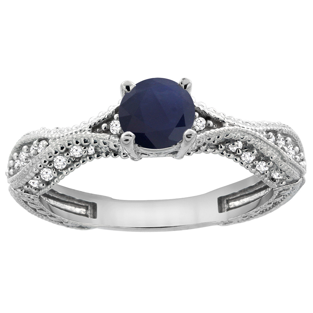 14K White Gold Natural High Quality Blue Sapphire Round 5mm Engraved Engagement Ring Diamond Accents, sizes 5 - 10