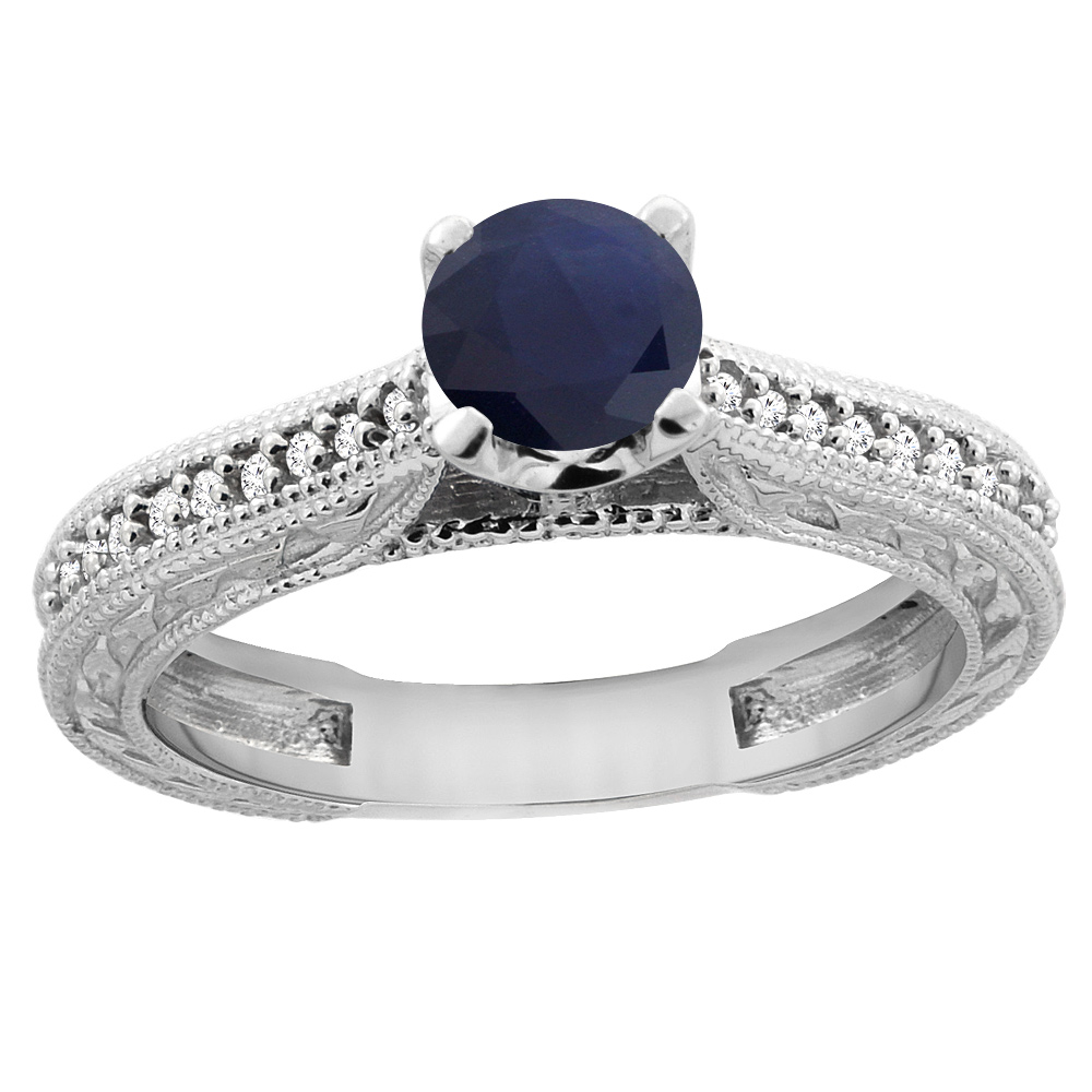 14K White Gold Natural High Quality Blue Sapphire Round 5mm Engraved Engagement Ring Diamond Accents, sizes 5 - 10